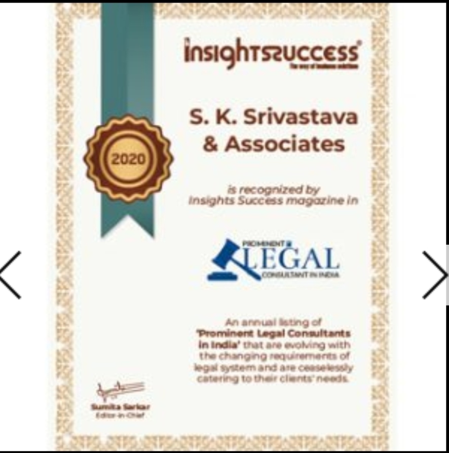 Prominent Legal Consultants in India award certificate from Insights Success Magazine